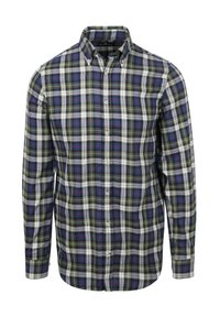 Knoopsluiting overhemd met lange mouwen in een groen, blauw, wit en rood ruitpatroon, met een voorkant met knopen en geknoopte kraagpunten.