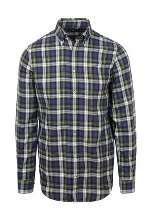 Hemd mit langen Ärmeln und Button-Down-Kragen im grün-blauen, weißen und roten Karomuster, knopfverschlus und mit knöpfbaren Kragenenden.