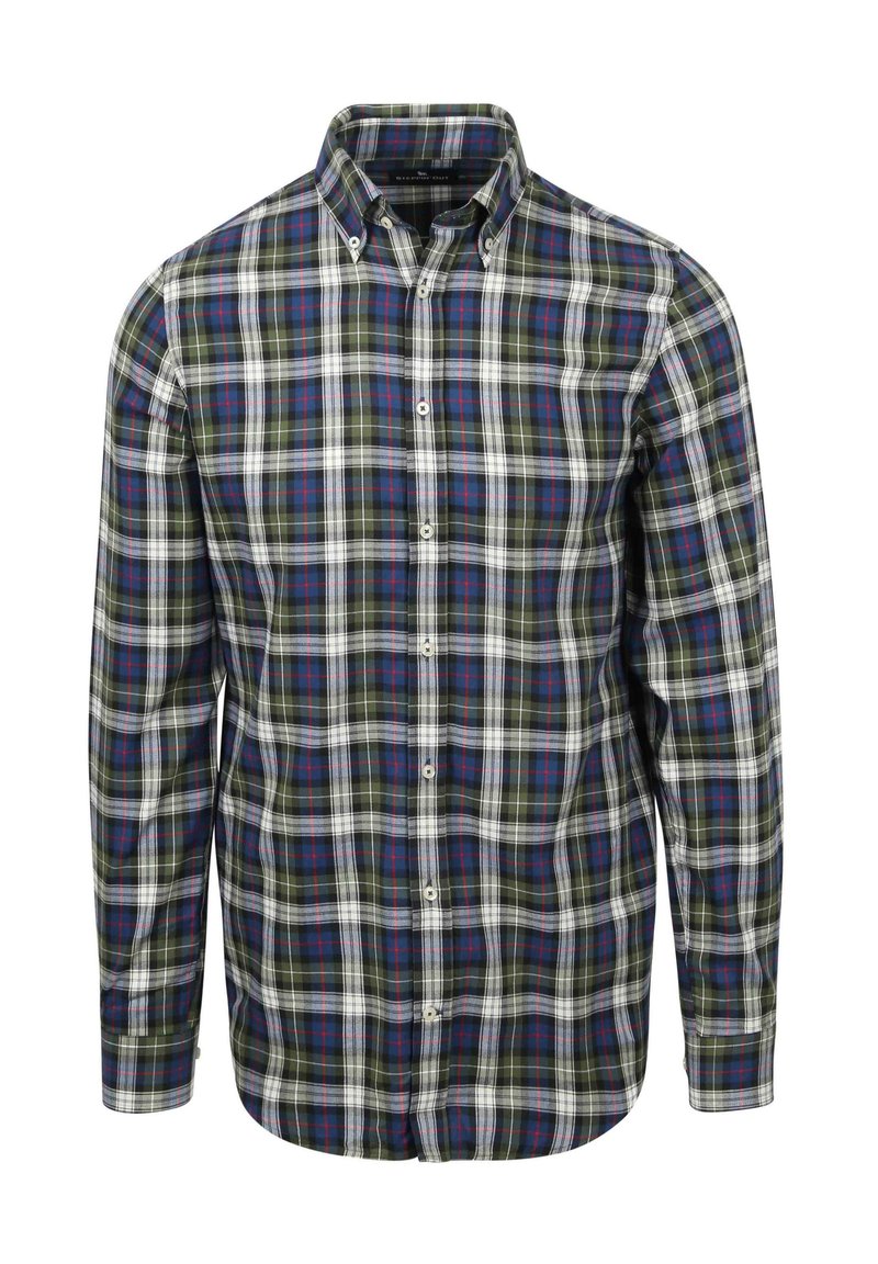 Knoopsluiting overhemd met lange mouwen in een groen, blauw, wit en rood ruitpatroon, met een voorkant met knopen en geknoopte kraagpunten.