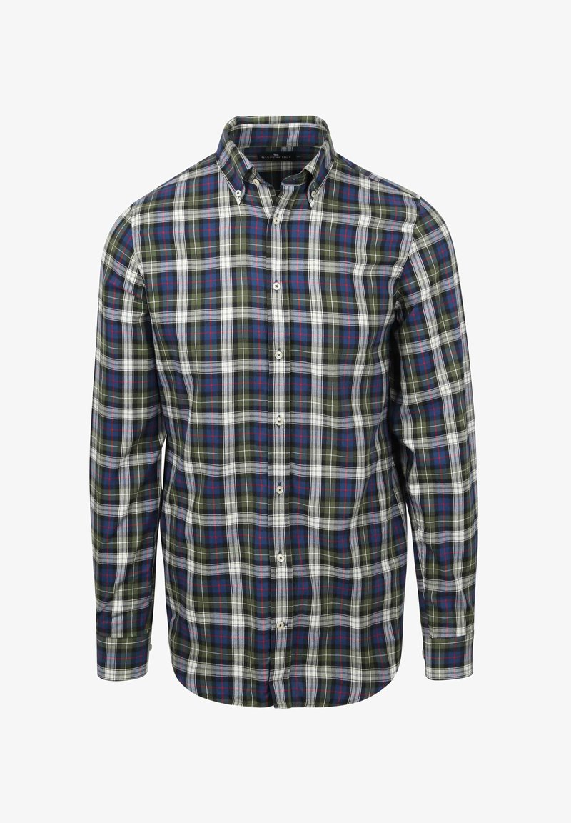 Knoopsluiting overhemd met lange mouwen in een groen, blauw, wit en rood ruitpatroon, met een voorkant met knopen en geknoopte kraagpunten.