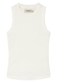 White sleeveless top made from ribbed fabric. Features a round neckline and a fitted shape, offering a smooth, lightweight texture.
