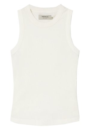 White sleeveless top made from ribbed fabric. Features a round neckline and a fitted shape, offering a smooth, lightweight texture.