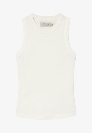 White sleeveless top made from ribbed fabric. Features a round neckline and a fitted shape, offering a smooth, lightweight texture.