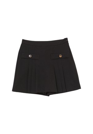 Mini gonna plissettata nera con cerniera laterale e due tasche anteriori con pattina fissate da bottoni metallici rotondi.