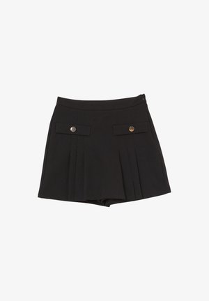 Mini gonna plissettata nera con cerniera laterale e due tasche anteriori con pattina fissate da bottoni metallici rotondi.