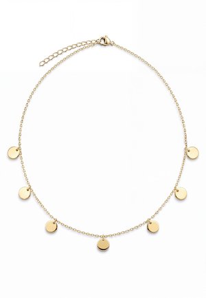 Collier à chaîne dorée avec sept breloques rondes et plates en forme de disque et un fermoir mousqueton, présenté sur un fond blanc.