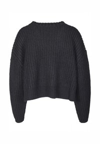 Pull noir surdimensionné avec un design en tricot texturé, épaules tombantes et un ourlet large à côtes. La vue arrière montre une silhouette lâche et courte.