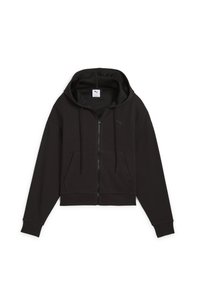 Black cropped hoodie featuring a front zipper, drawstring hood, and front pocket. Made from textured fabric with a subtle logo detail.