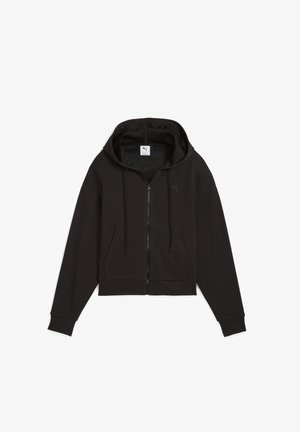 Fekete, rövidített kapucnis pulóver, elülső cipzárral, állítható kapucnival és elülső zsebből. Texturált anyagból készült, finom logó részlettel.