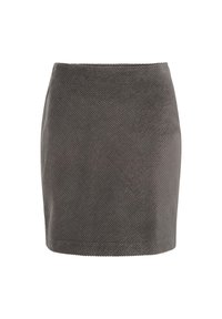 Grauer Cordminirock mit geradem Schnitt, der über eine gerippte Textur verfügt und keine sichtbaren Verzierungen oder Beschläge aufweist.