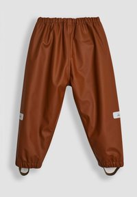 Braune wasserdichte Hose aus glattem, glänzendem Stoff, mit einem elastischen Bund, gerafften Bündchen und zwei Etikettenaufnähern an den Seiten.