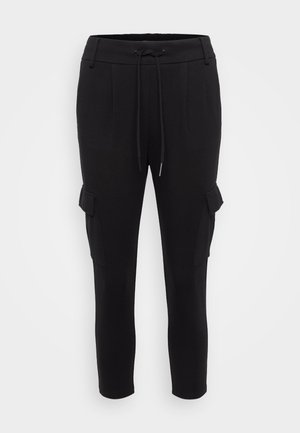 Black jogger pants with a drawstring waistband, side pockets, and cargo pockets. Made from soft fabric, featuring a slim fit design.
