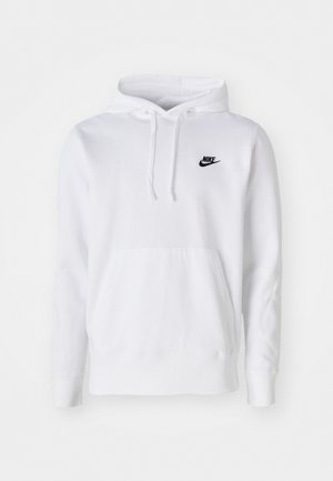 Sudadera blanca de mezcla de algodón con capucha ajustable, bolsillo canguro frontal, puños acanalados y un pequeño logo negro de Nike en el pecho.