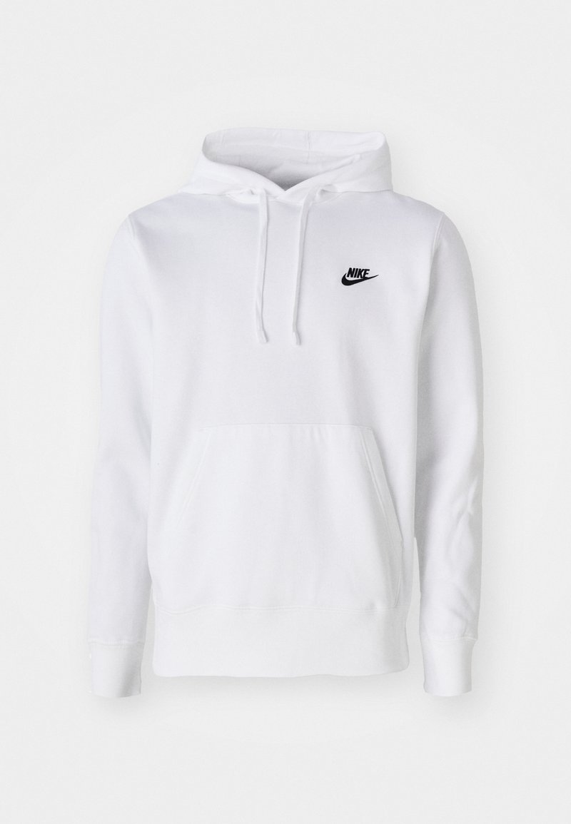 Haut à capuche blanc en mélange de coton avec un cordon de serrage, poche kangourou à l'avant, poignets côtelés et un petit logo Nike noir sur la poitrine.