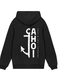 Schwarzer Hoodie mit weißem Text und einem Anker-Design. Der Text umfasst "AHOI", "Knut & Jan" und "Hamburg". Hergestellt aus weichem Material.