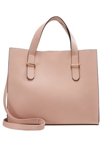 Světle růžová kožená kabelka s dvojitými uchy, odnímatelným ramenním popruhem a černým lemem kolem okrajů. Hladký povrch se zlatými detaily.