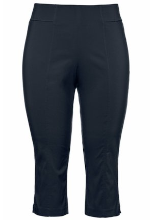 Marineblaue, knöchellange Hose mit glatter Textur, zwei vorderen Taschen, Nahtdetails und einem eng anliegenden Bund. Keine sichtbaren Beschläge oder Muster.