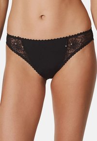 Black panties featuring a scalloped lace trim, floral lace accents on the sides, and small decorative beads. Smooth fabric base.