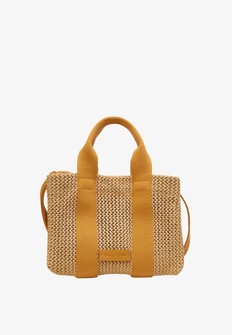 Sac à main en paille tissée beige avec des anses en toile jaune, de forme rectangulaire, fermeture éclair, patch logo et finition texturée.