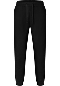 Schwarze Jogginghose aus weichem Stoff, mit einem elastischen Bund und verstellbaren Kordeln sowie gerippten Bündchen an den Knöcheln.