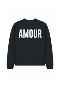Sweatshirt noir avec le mot « AMOUR » en grandes lettres blanches dans le dos. Design classique à col rond avec poignets et ourlet côtelés.
