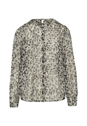 Transparante blouse met lange mouwen met een zwart-wit abstract patroon, knoopsluiting, geplooide schouders en een losse pasvorm.