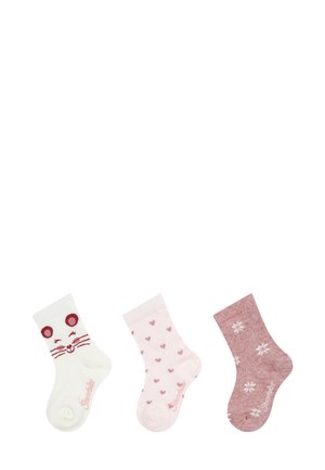 Set von drei Kindersocken: weiß mit Katzenkopf, hellrosa mit Herzmuster und dunkelrosa mit Schneeflocken-Design.