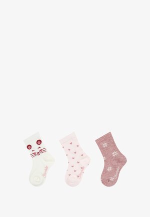 Set of three children's socks: white with cat face, light pink with heart pattern, and dark pink with snowflake design.