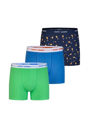 Drei Herren-Boxershorts in Grün, Blau und Marineblau mit Cocktailschriftzügen, jeweils mit einem gebrandeten "HAPPY SHORTS" Bund.