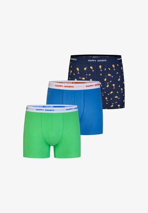 Drei Herren-Boxershorts in Grün, Blau und Marineblau mit Cocktailschriftzügen, jeweils mit einem gebrandeten "HAPPY SHORTS" Bund.