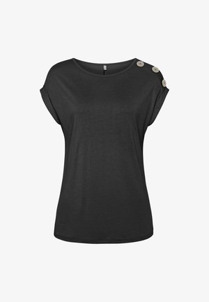 Camiseta negra de manga corta con un escote amplio, que presenta tres botones decorativos en el hombro izquierdo y una textura suave y lisa.