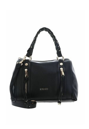 Sac à main Liu Jo noir avec poignées doubles tressées, bandoulière amovible, poches avant zippées et éléments métalliques dorés.
