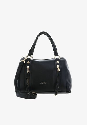Sac à main Liu Jo noir avec poignées doubles tressées, bandoulière amovible, poches avant zippées et éléments métalliques dorés.