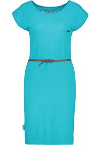 Turkusowa sukienka z krótkim rękawem, wykonana z bawełny, z plecionym brązowym paskiem w talii, okrągłym dekoltem i małym logo.