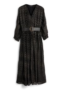 Zwart midi-jurk met goudkleurig metallic chevronpatroon, V-hals, lange mouwen en zwarte riem met ronde gouden gesp in de taille.