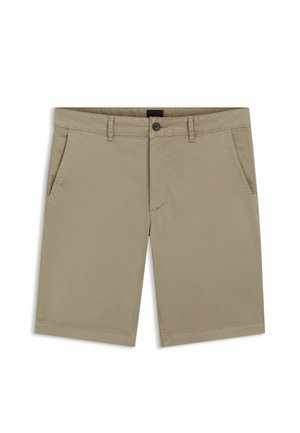 Short beige longueur genoux avec fermeture à bouton et zip, passants de ceinture, et poches avant inclinées, présenté à plat sur fond blanc.