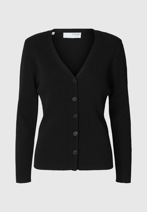 Black ribbed cardigan featuring a V-neck, long sleeves, and six-button front closure. Textured fabric with a fitted silhouette.