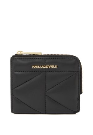 Black leather wallet with quilted geometric design, gold hardware, and zip closure. Features a logo embossed on the front.