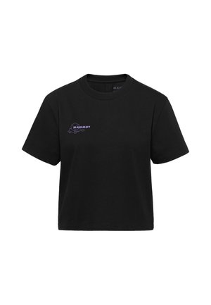 Schwarzes, kurzärmeliges, kurz geschnittenes T-Shirt mit kleinem lila "Mammut"-Logo und Berggrafik auf der linken Brust.
