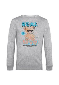 Sudadera gris con un gráfico de un oso de dibujos animados que lleva gafas de sol, texto azul y acentos juguetones. Tela suave con un corte casual.