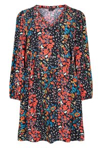 Blumenkleid mit langen Ärmeln aus schwarzem Stoff, verziert mit lebhaften roten, blauen und lila Blumen, mit V-Ausschnitt und einer taillierten Taille mit Kordelzug.