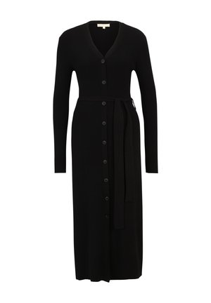 Zwarte geribbelde gebreide jurk met een V-hals, lange mouwen, knopen aan de voorkant en een bijpassende stofriem om de taille.