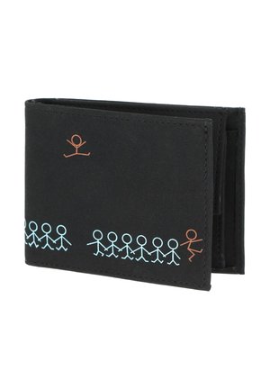 Portefeuille noir bifold avec des motifs de chaîne en forme de bonhomme bâton bleus et orange imprimés le long du bord avant et du coin supérieur.