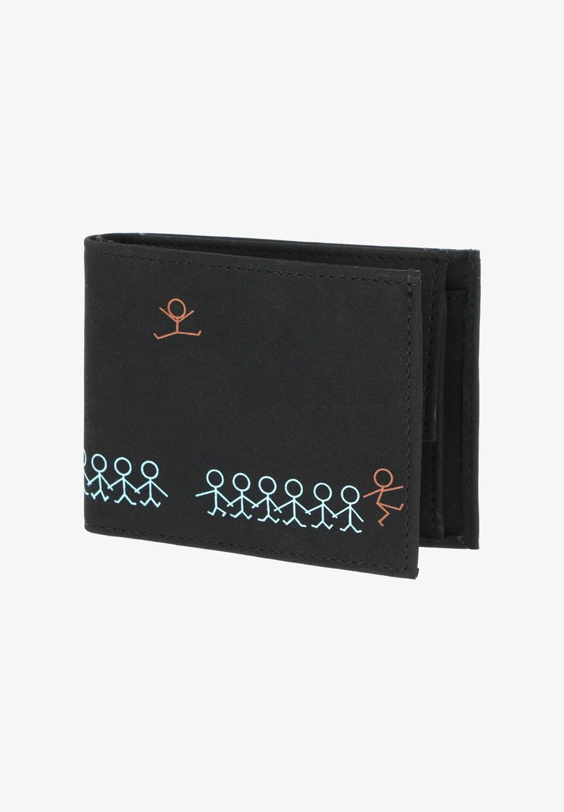Portefeuille noir bifold avec des motifs de chaîne en forme de bonhomme bâton bleus et orange imprimés le long du bord avant et du coin supérieur.