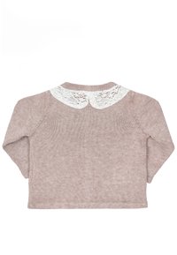Pullover lavorato a maglia di colore rosa chiaro con maniche lunghe e colletto in pizzo bianco. Caratterizzato da un collo rotondo e orlo a costine, con una consistenza morbida.