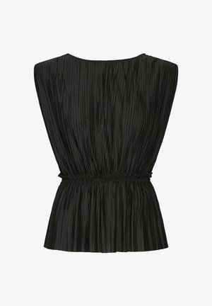 Melna plisēta blūze ar apaļu kakla izgriezumu un elastīgu jostasvietu, ar vertikālām krokām un vieglu tekstūru.