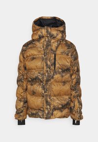 Braun und schwarz gemusterte Pufferjacke mit Kapuze, ausgestattet mit einer Reißverschluss-Brusttasche und elastischen Bündchen. Hergestellt aus wetterbeständigem Material.