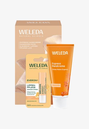 Weleda Express Handcreme tube en Everon lippenbalsem in verpakking, beide doordrenkt met duindoorn voor hand- en lipverzorging.