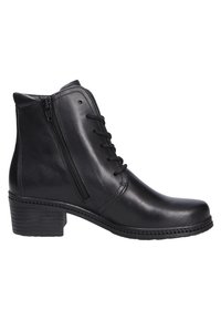 Black leather ankle boot featuring a smooth texture, rounded toe, lace-up front, and a side zipper, with a low stacked heel.