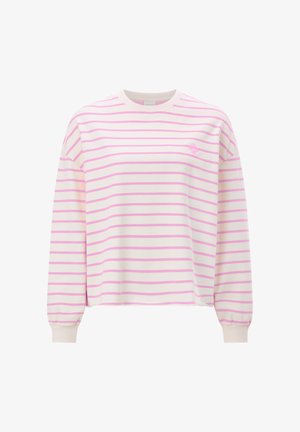 Bela majica z dolgimi rokavi s svetlo roza horizontalnimi črtami in majhnim roza vezenim logotipom na prsih.